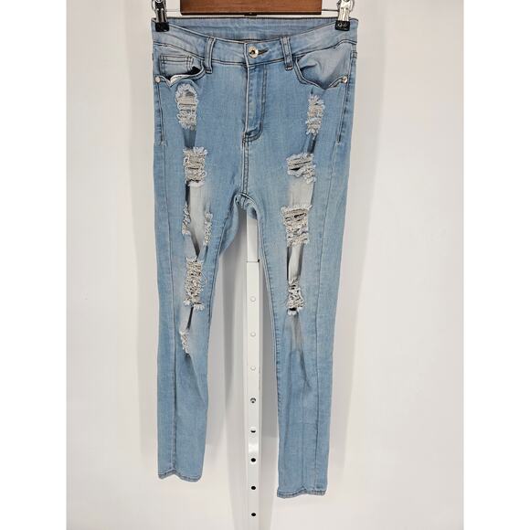 Women's Blue Distressed Skinny Leg Button Closer Pockets Jeans Size S - Picture 1 of 4